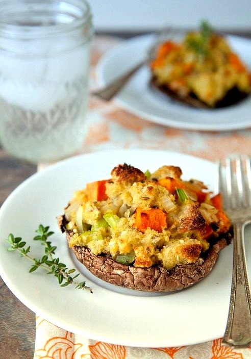 Portobellos with Herbed Stuffing and Sweet Potatoes