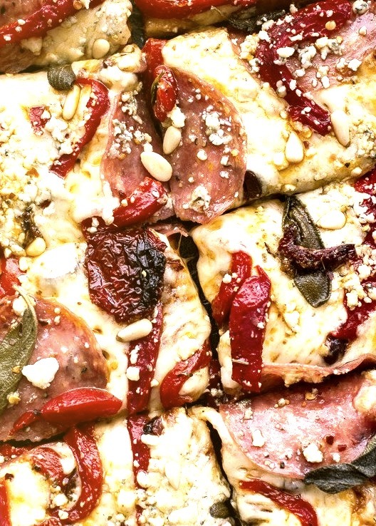 Sun-Dried Tomato and Olive Pesto Pizza with Salami + Roasted Red Peppers