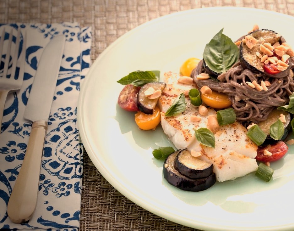 Cod & Miso Soba Noodles with Multicolored Cherry Tomatoes & Eggplant