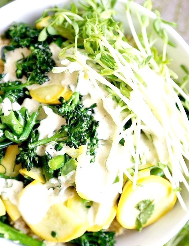 Rice Millet Bowl Broccolini, Yellow Squash and Garlic Tahini Sauce Divine Healthy Food